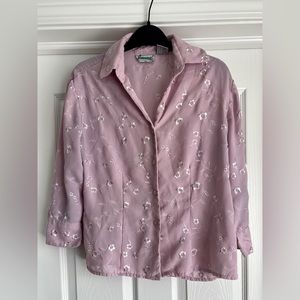 Joanna Pink Sheer Floral Embroidered Button Up Blouse 3/4 Sleeves